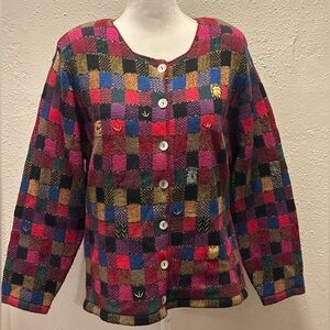 Susan Bristol Vintage Checkered Embellished Cardigan Sweater
